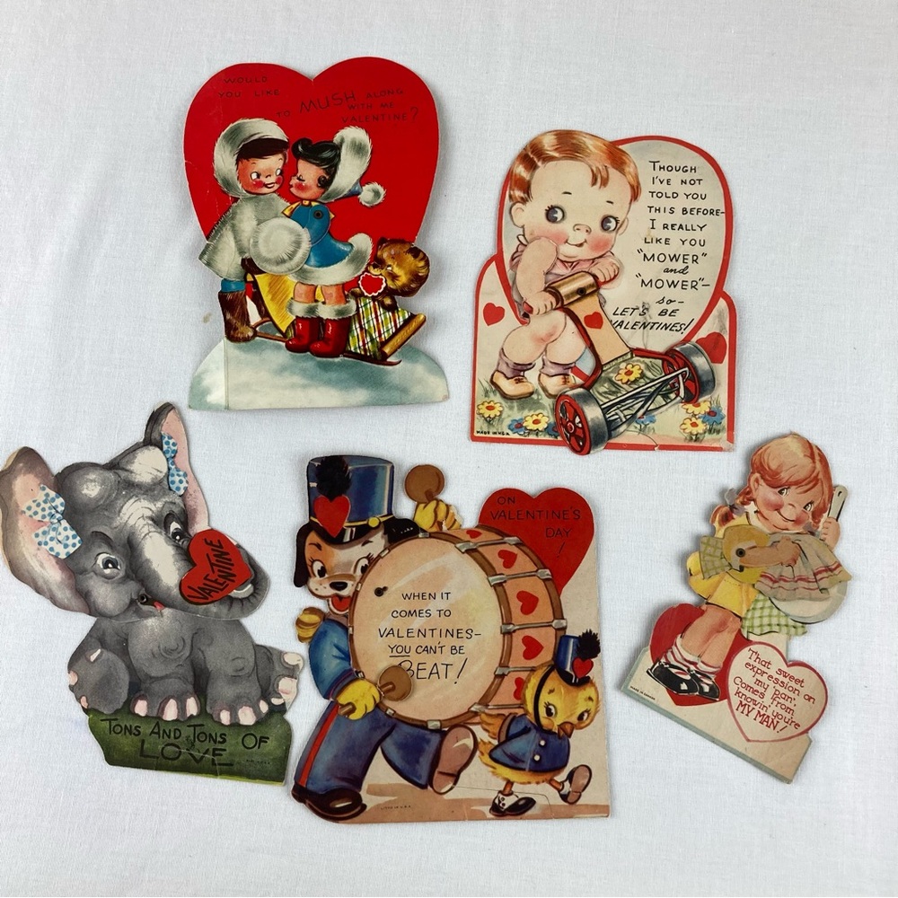 Vintage 1930's 1940's Die Cut Mechanical Valentine's Day Cards Lot Set of 5
